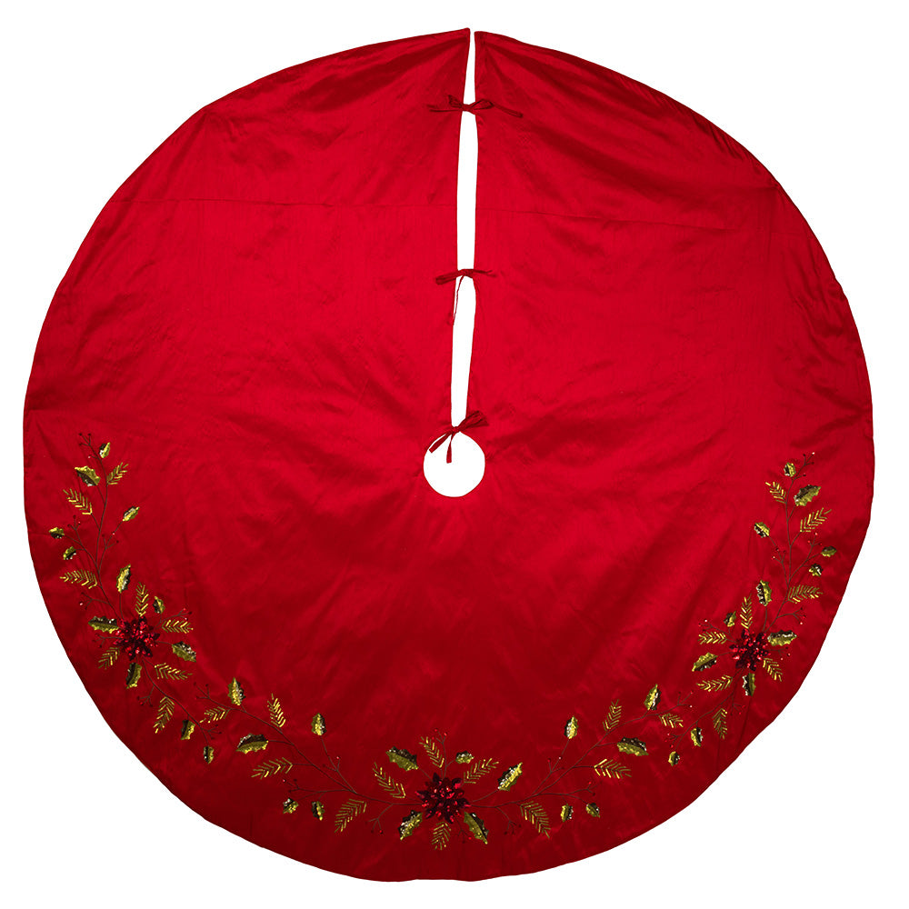 Red Dupion with Multi Sequin Poinsettia and Holly Leaves Tree Skirt 72"