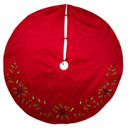 Red Dupion with Multi Sequin Poinsettia and Holly Leaves Tree Skirt 72"