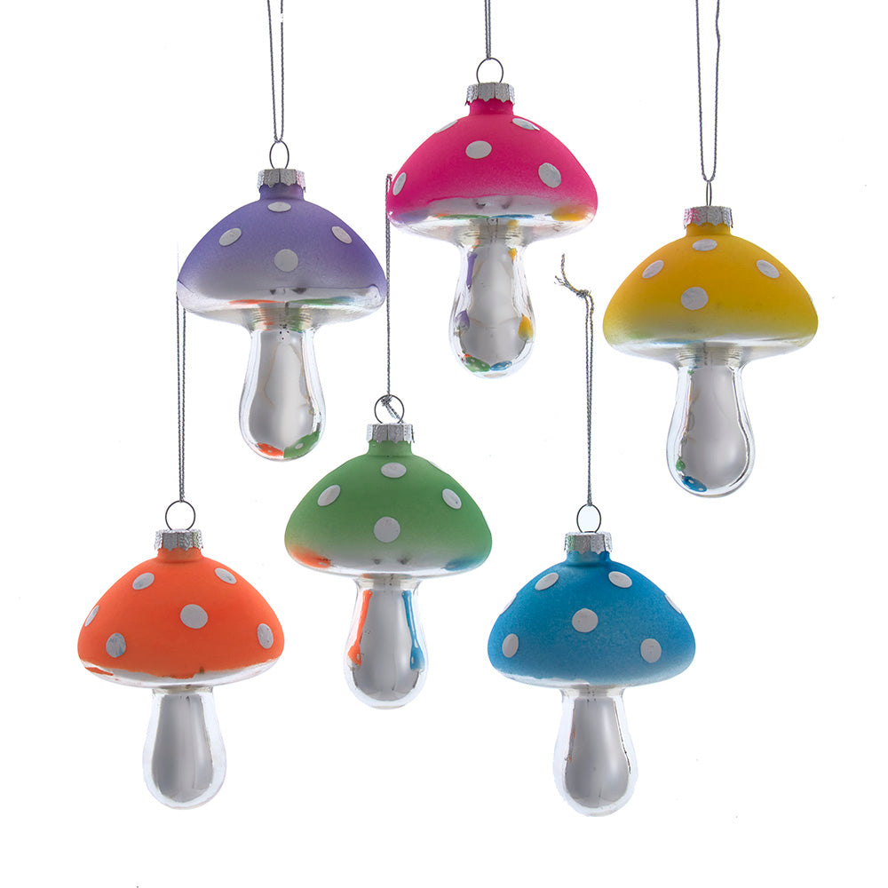 Psychedelic Glow In the Dark Mushroom Glass Ornament 3.9" Set of 6