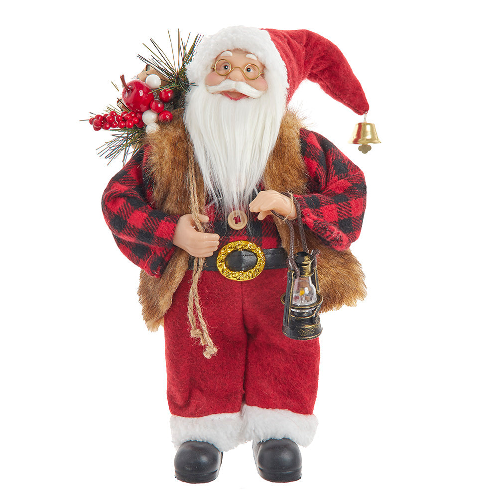 Standing Christmas Santa With Plaid Shirt, Sack & Lantern 12"