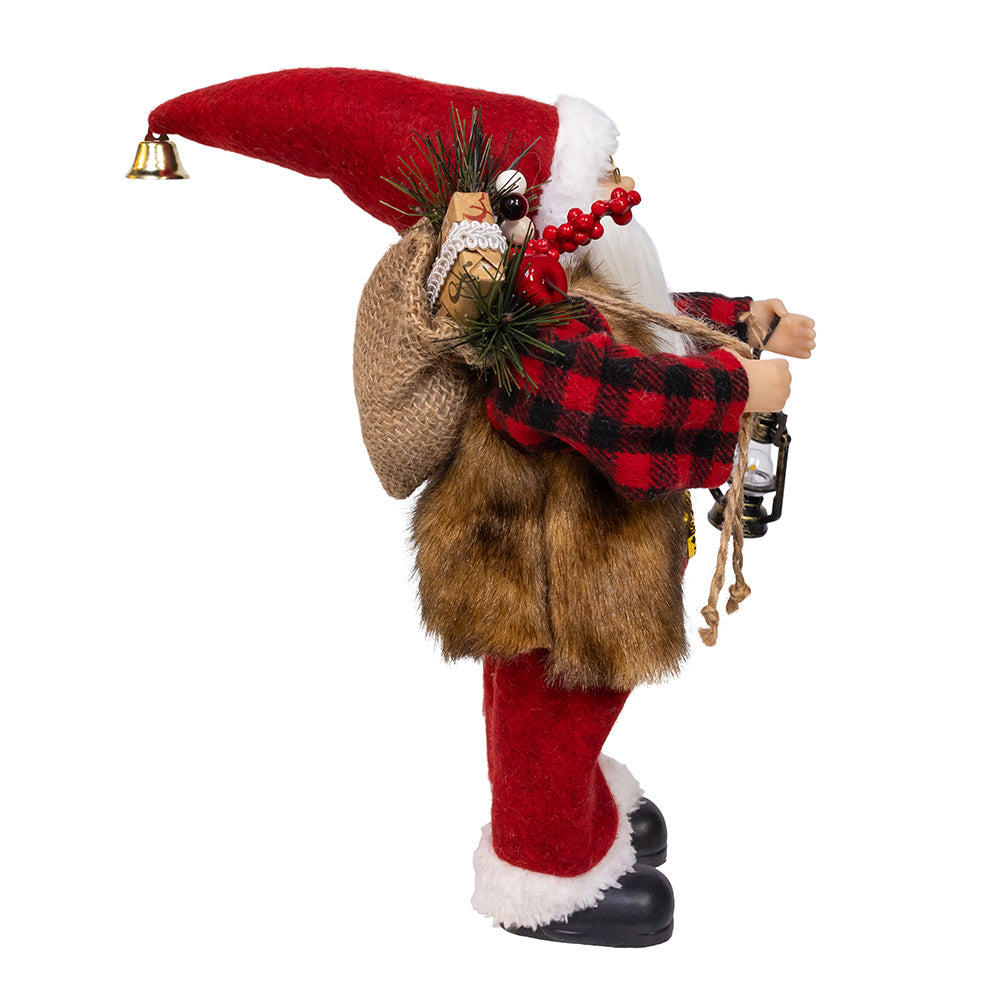 Standing Christmas Santa With Plaid Shirt, Sack & Lantern 12"