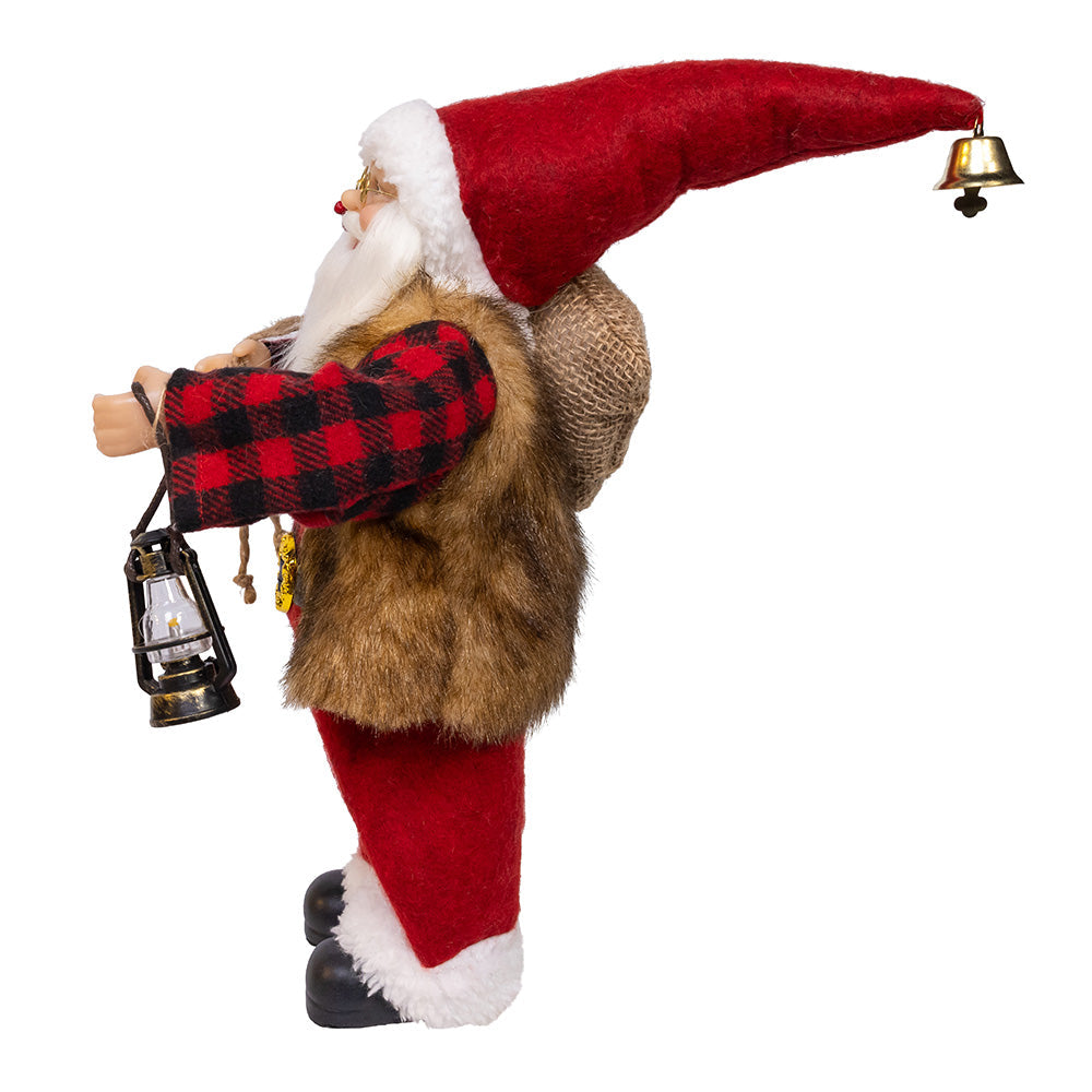 Standing Christmas Santa With Plaid Shirt, Sack & Lantern 12"