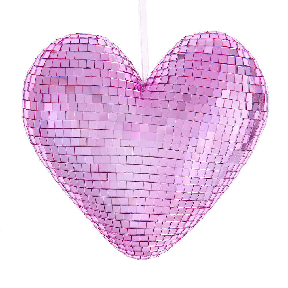 Pink Mirror Disco Heart Glass Ornament 6"