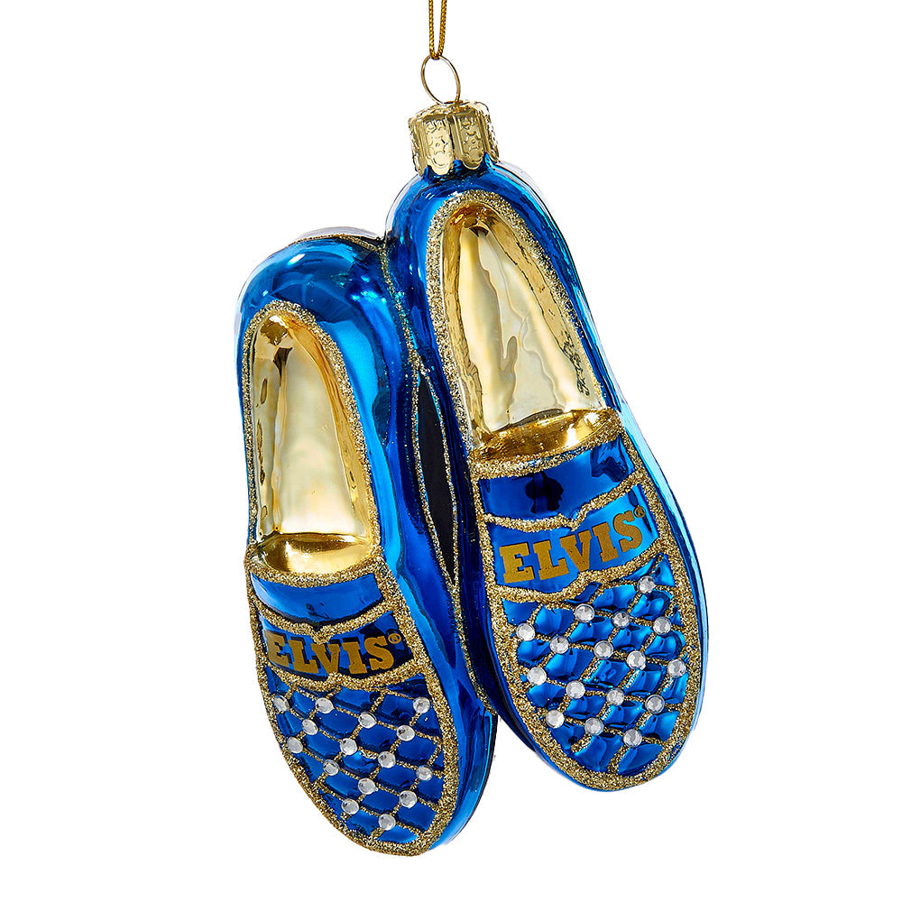 Elvis Blue Suede Shoes Glass Ornament 5"