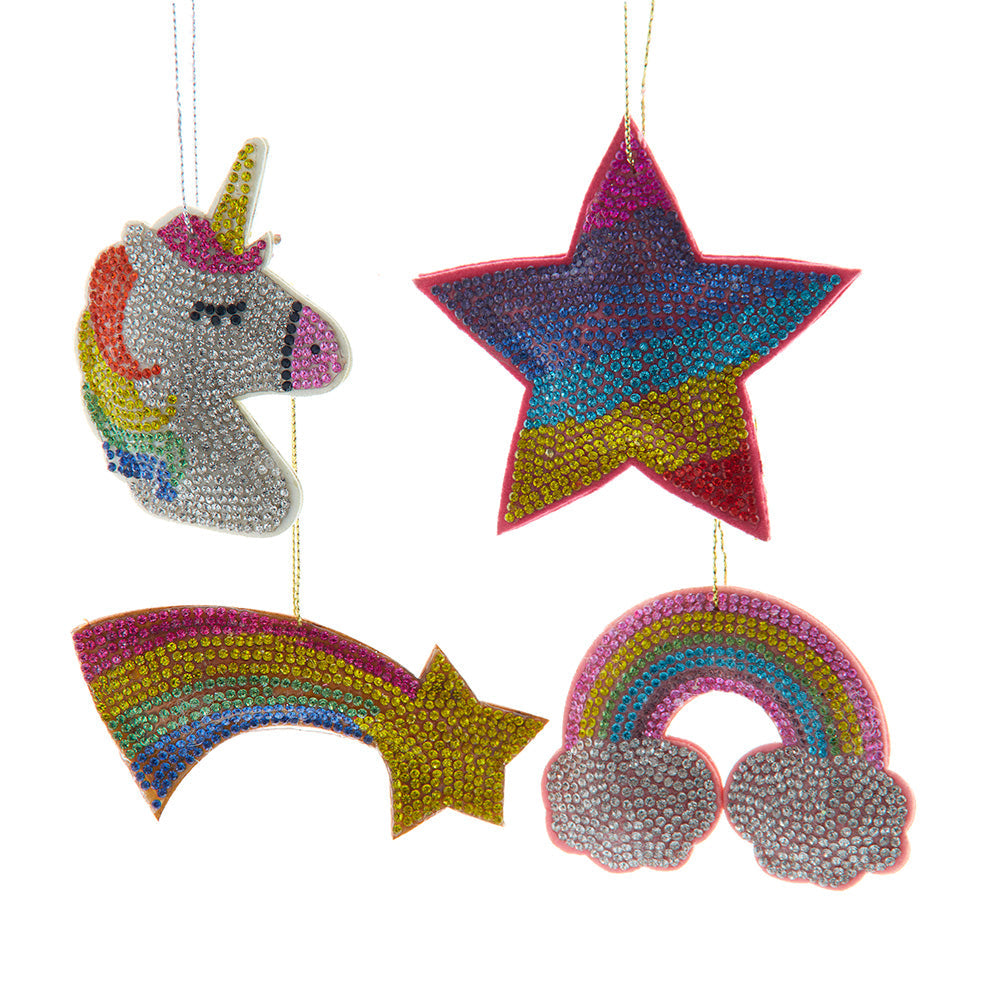 Bedazzled Unicorn, Rainbow & Star Ornaments 3" Set of 4