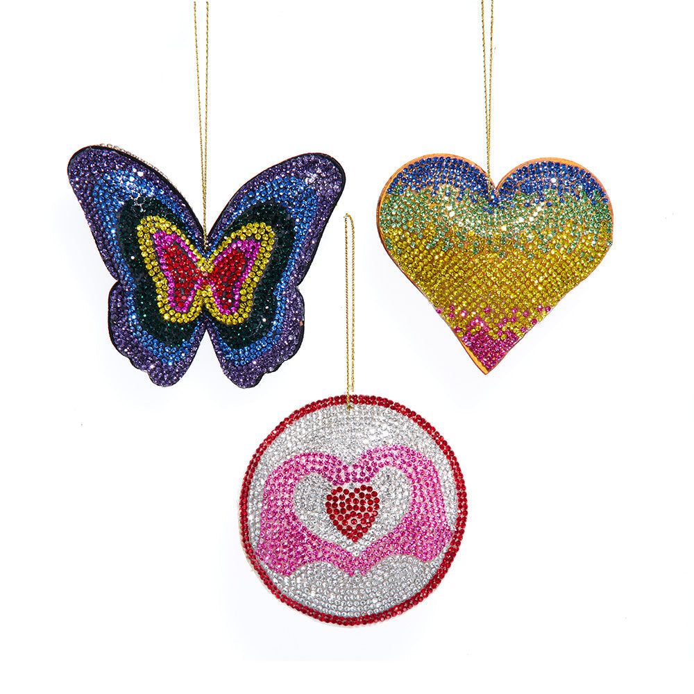 Bedazzled Heart & Butterfly Ornaments 3" SET OF 3