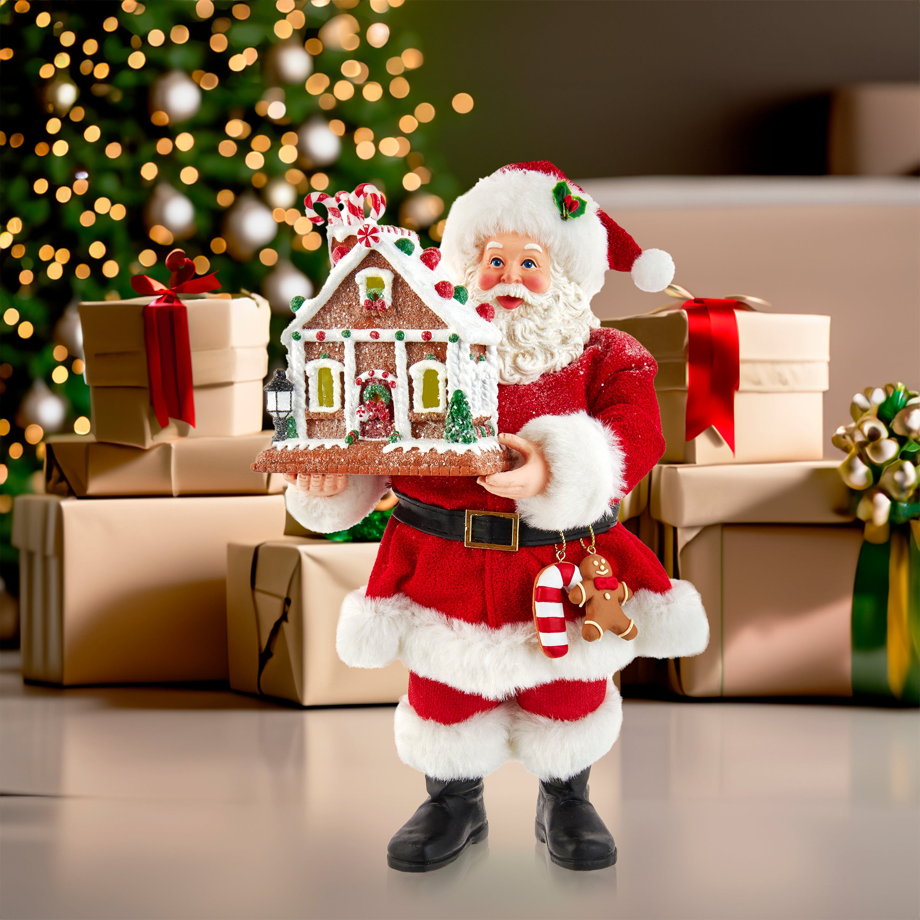 Santa with Lite-Up Gingerbread Hse 11 Inches Tall