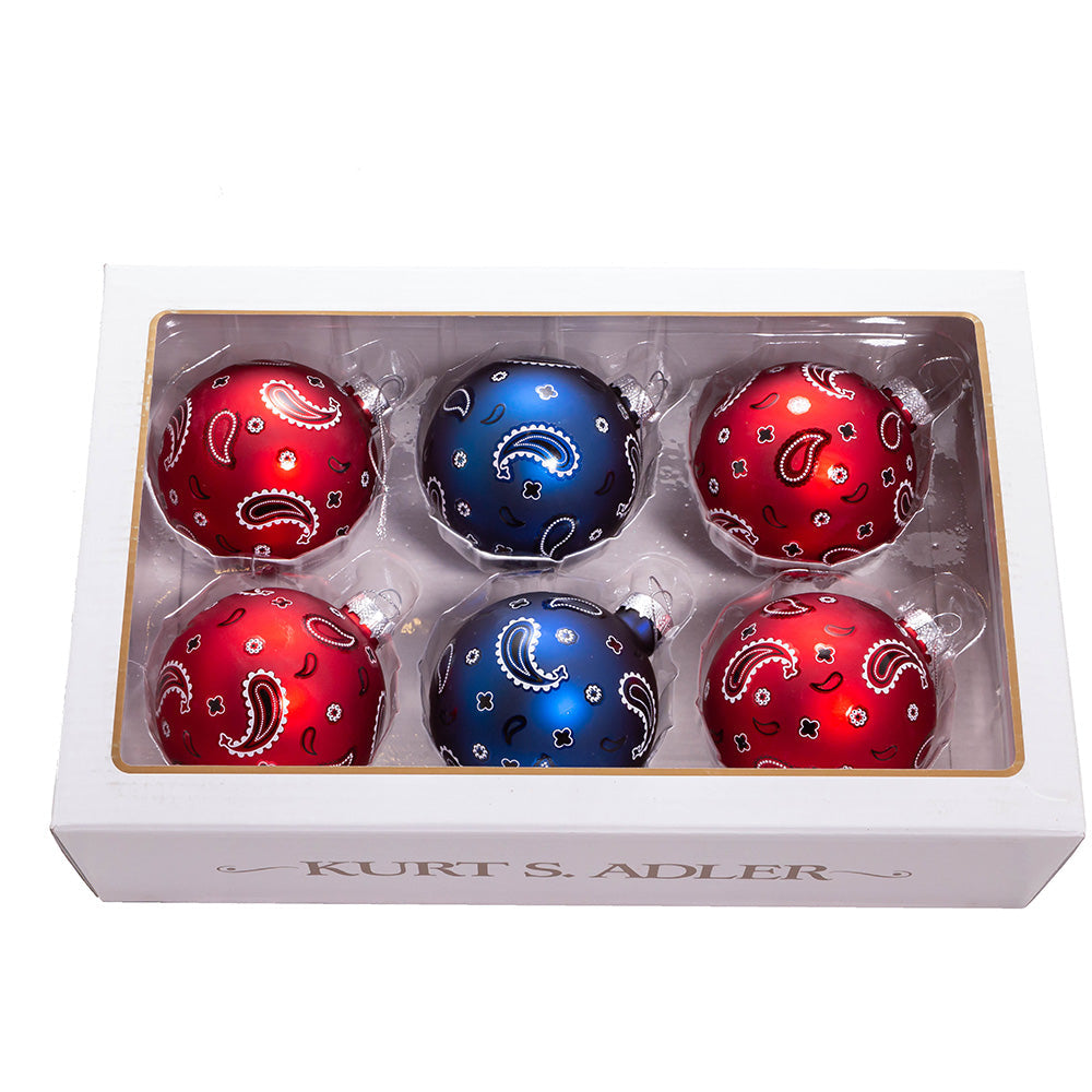 Bandana Style Glass Ball Ornaments 6 Piece Set 80mm
