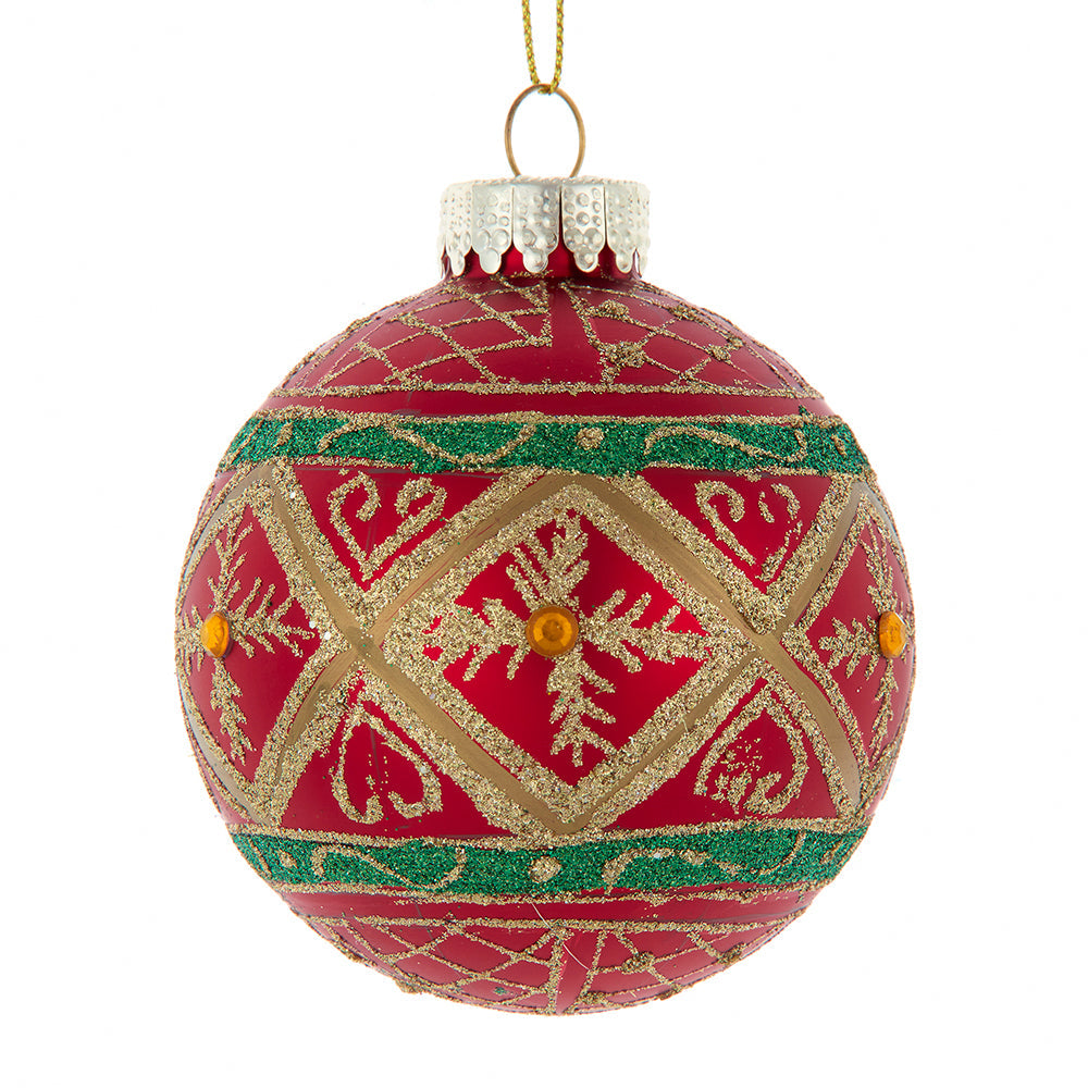 Green and Gold Filigree Design on Red Glass Balls Set of 6 80mm