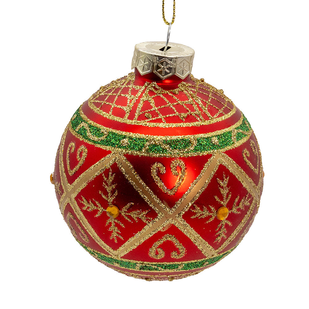 Green and Gold Filigree Design on Red Glass Balls Set of 6 80mm