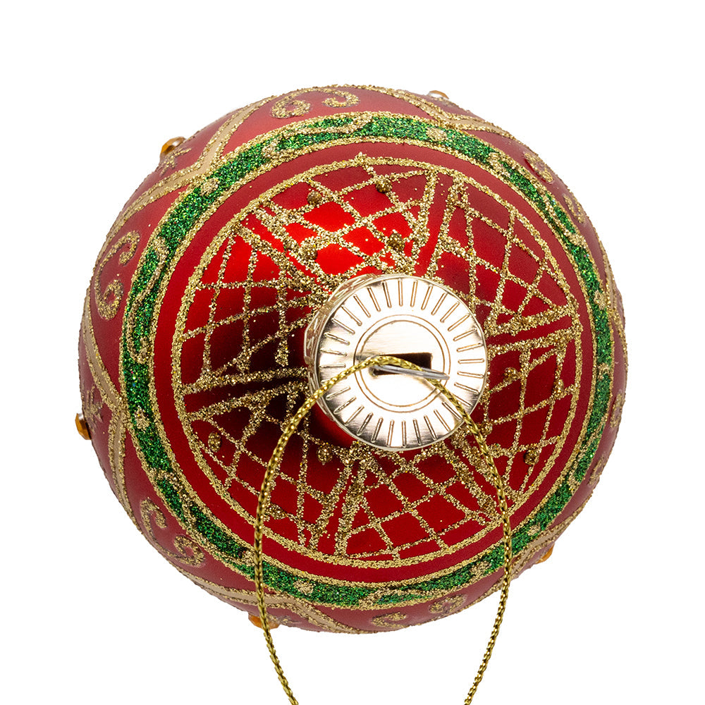 Green and Gold Filigree Design on Red Glass Balls Set of 6 80mm