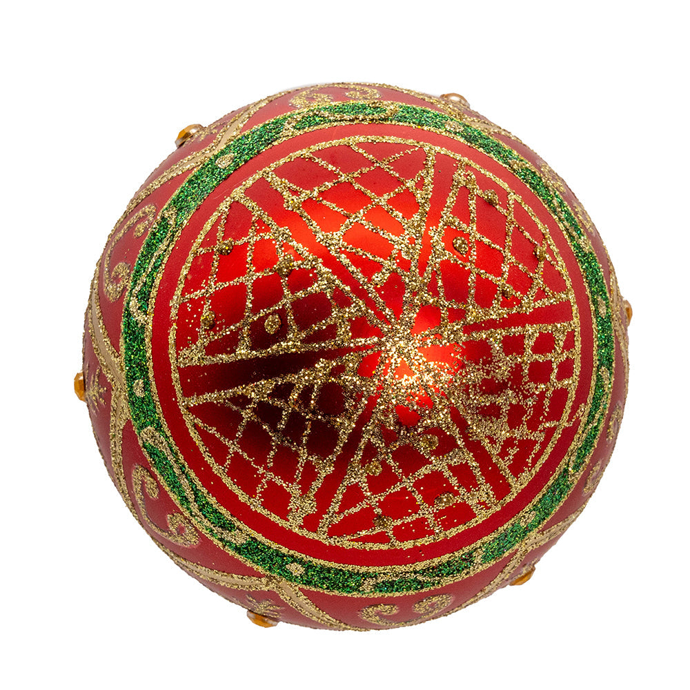 Green and Gold Filigree Design on Red Glass Balls Set of 6 80mm