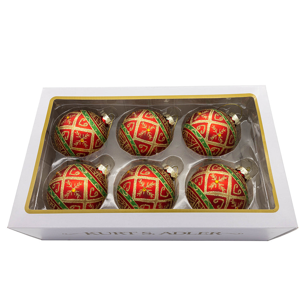 Green and Gold Filigree Design on Red Glass Balls Set of 6 80mm