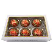 Green and Gold Filigree Design on Red Glass Balls Set of 6 80mm