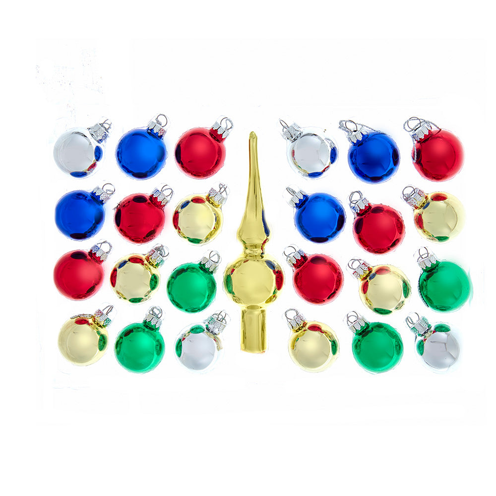 Multicolor Ball Glass Ornaments with Gold Tree Topper, 30mm Set of 25