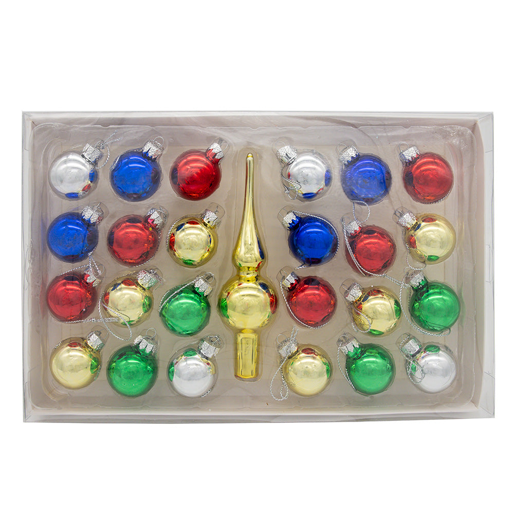 Multicolor Ball Glass Ornaments with Gold Tree Topper, 30mm Set of 25