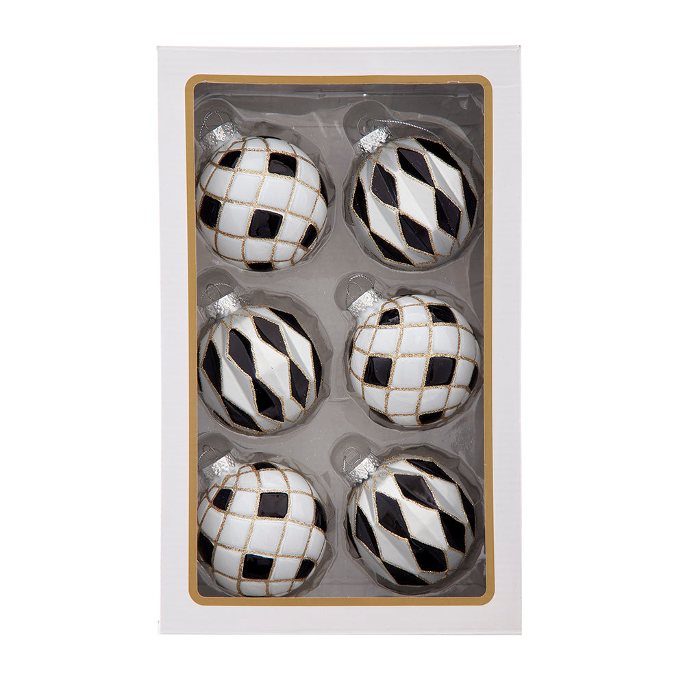 Black, White & Gold Checkered Ball Glass Ornaments 80mm Set of 6