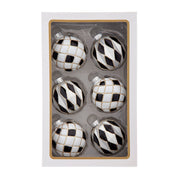 Black, White & Gold Checkered Ball Glass Ornaments 80mm Set of 6