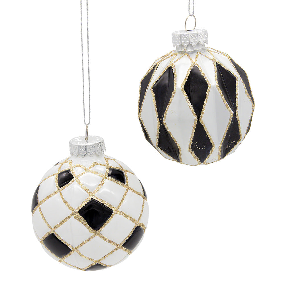 Black, White & Gold Checkered Ball Glass Ornaments 80mm Set of 6