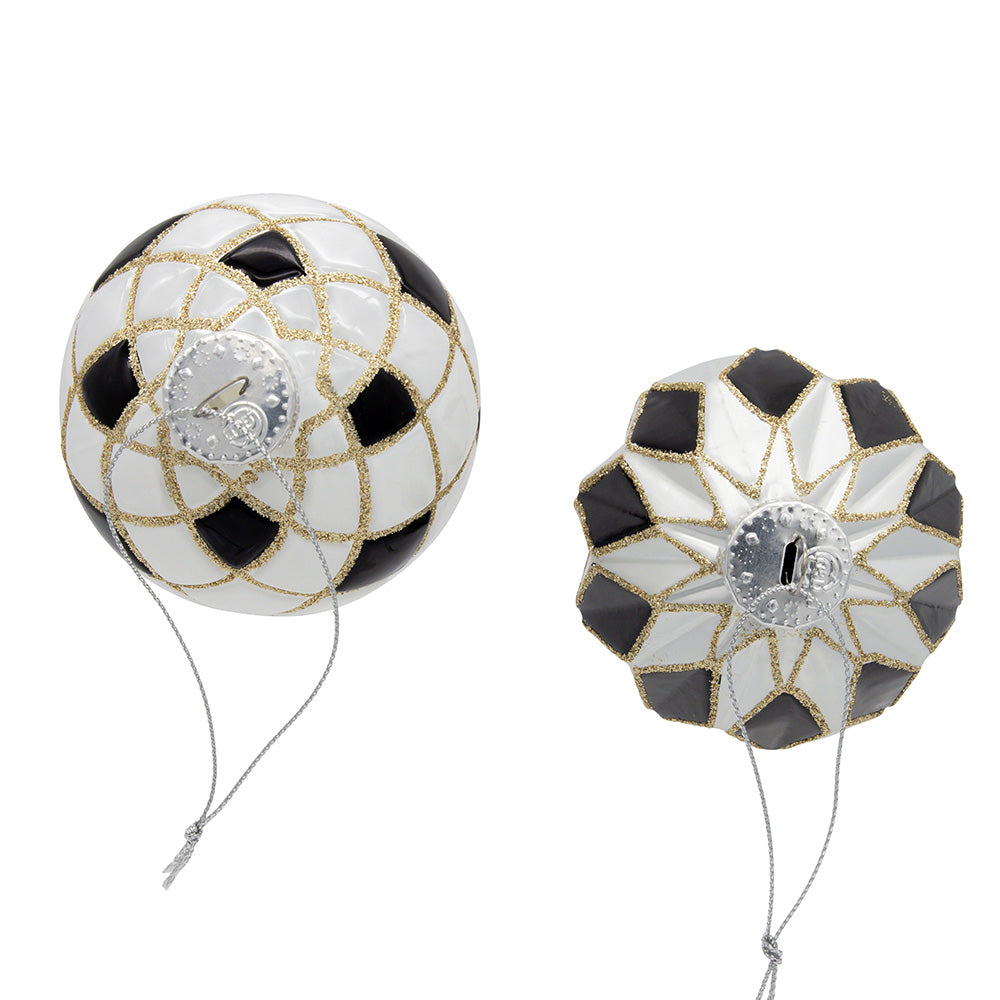 Black, White & Gold Checkered Ball Glass Ornaments 80mm Set of 6