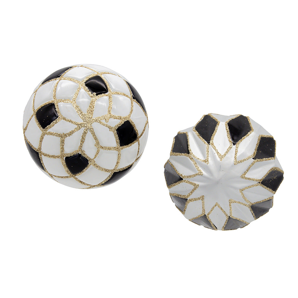 Black, White & Gold Checkered Ball Glass Ornaments 80mm Set of 6