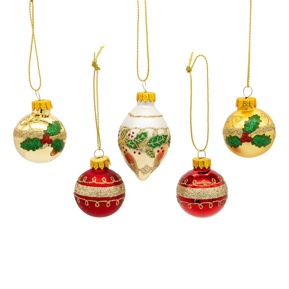 Gold, Green & Red Ball & Finial Glass Ornaments 35mm Set of 12