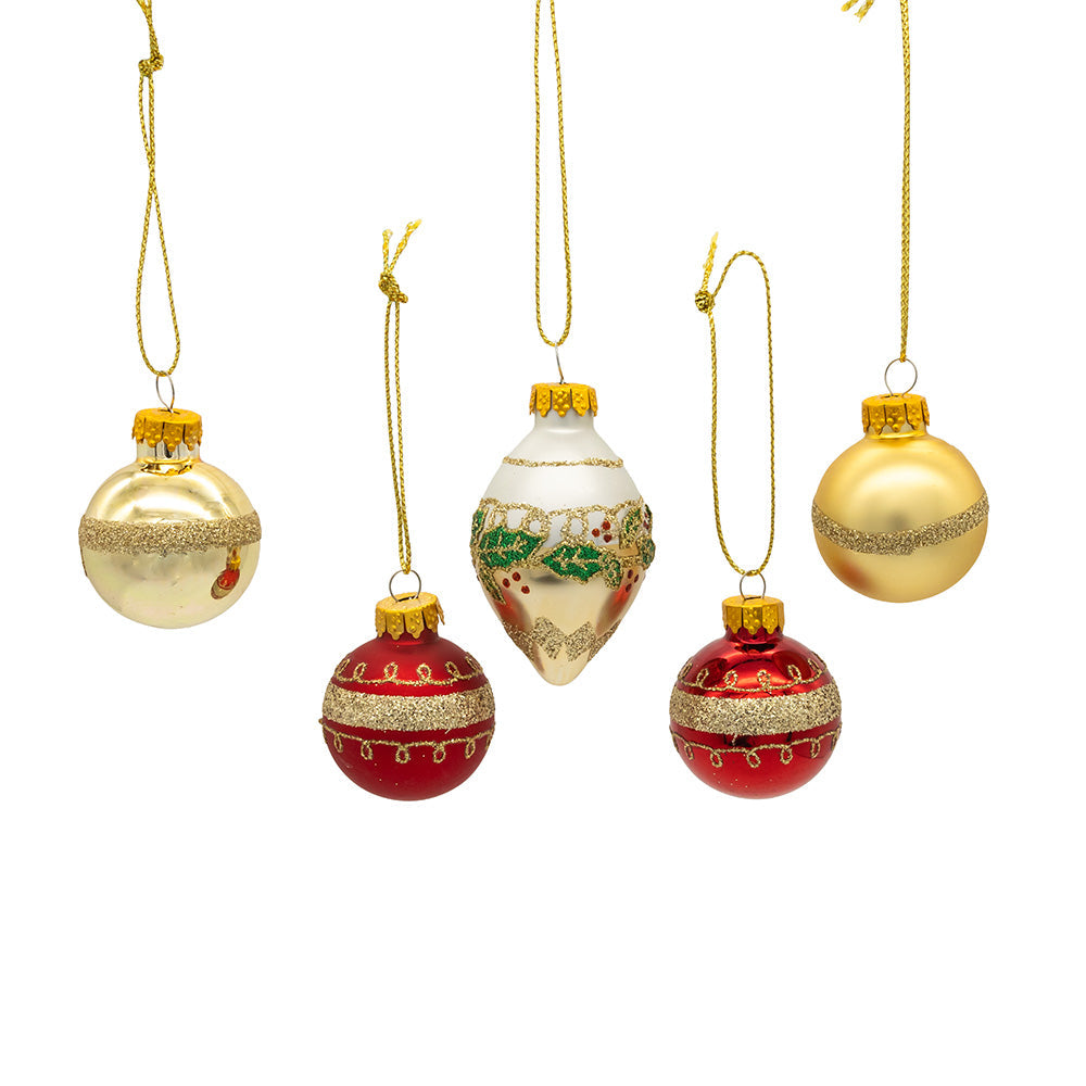 Gold, Green & Red Ball & Finial Glass Ornaments 35mm Set of 12