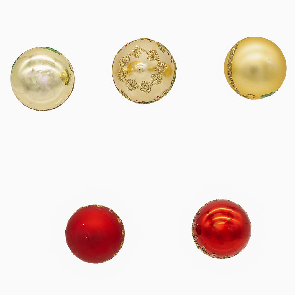 Gold, Green & Red Ball & Finial Glass Ornaments 35mm Set of 12