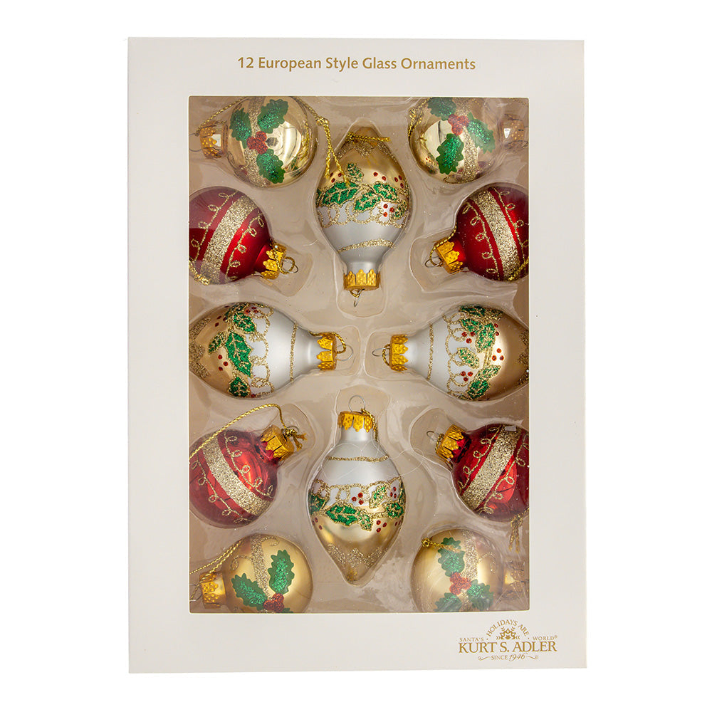 Gold, Green & Red Ball & Finial Glass Ornaments 35mm Set of 12
