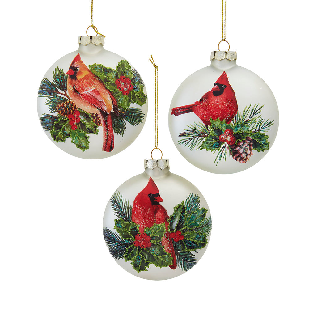 Cardinal With Holly Berry Flat Ball Glass Ornaments 100mm Set of 3