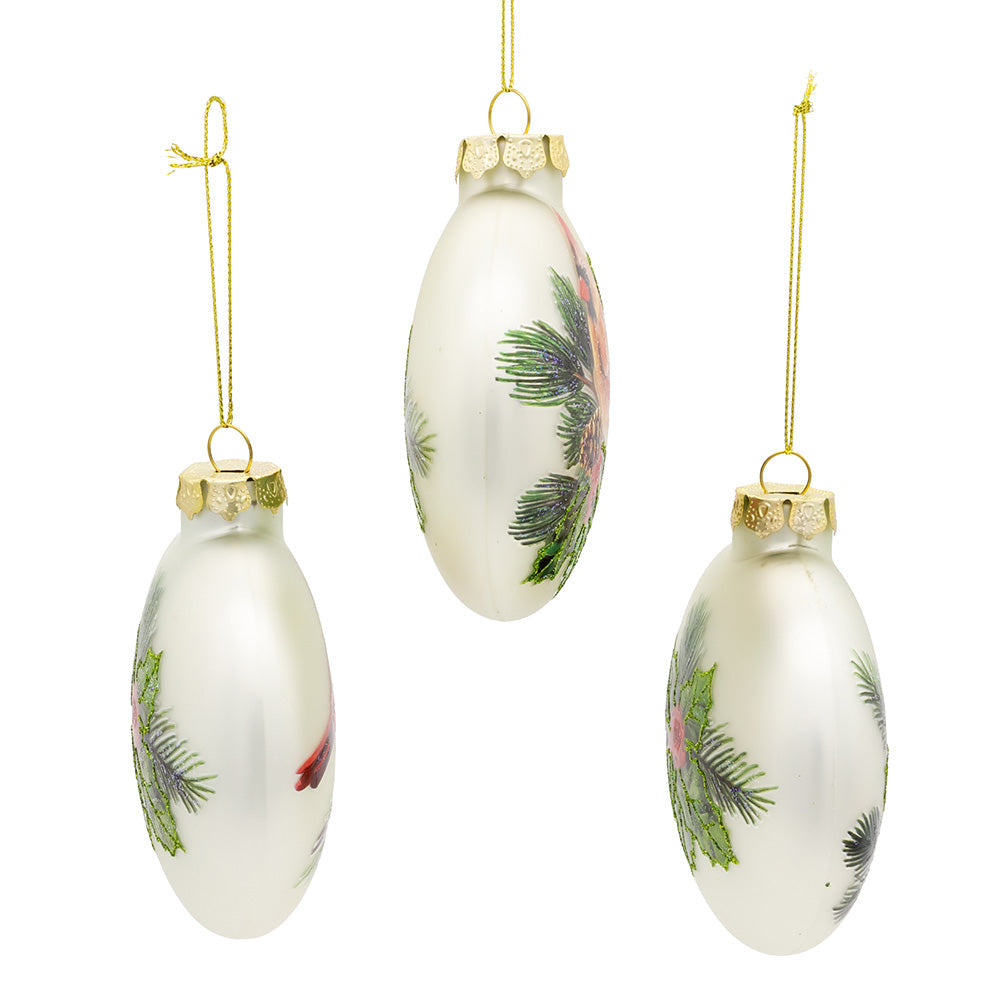 Cardinal With Holly Berry Flat Ball Glass Ornaments 100mm Set of 3