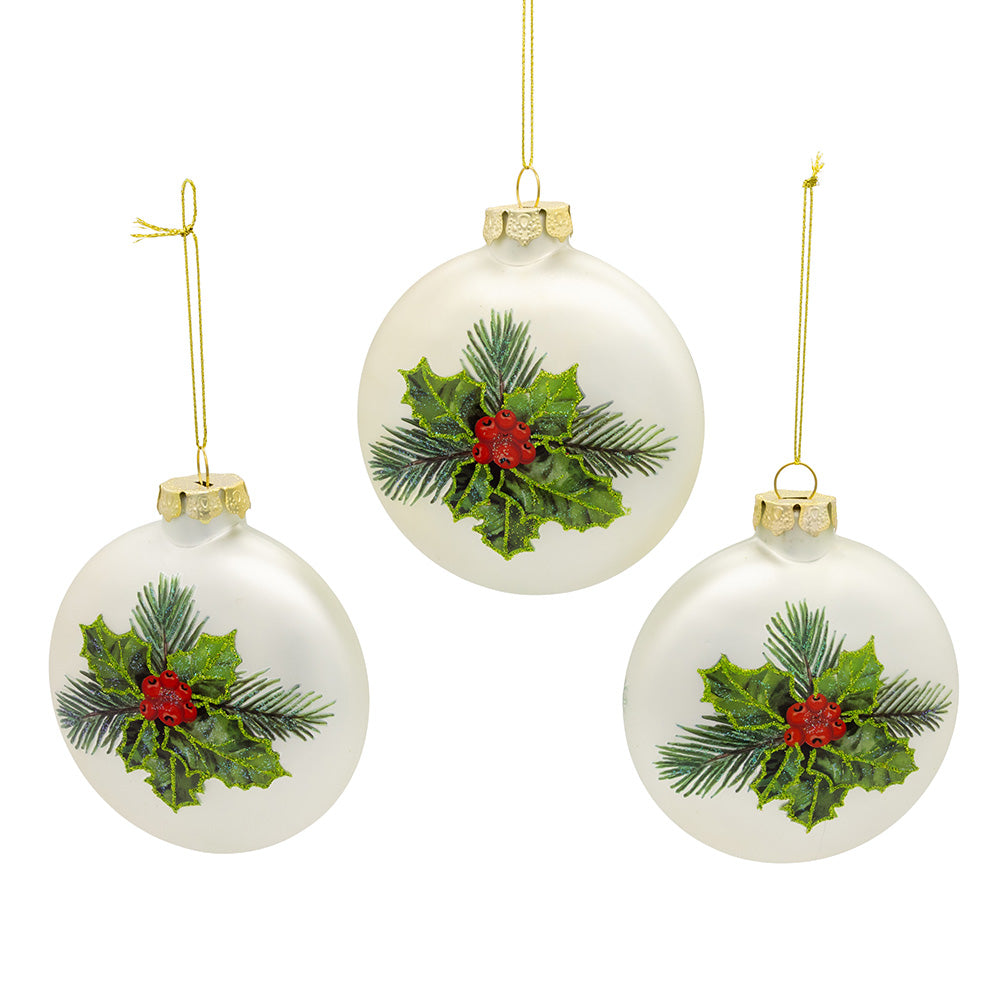 Cardinal With Holly Berry Flat Ball Glass Ornaments 100mm Set of 3