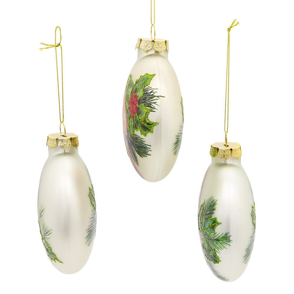 Cardinal With Holly Berry Flat Ball Glass Ornaments 100mm Set of 3