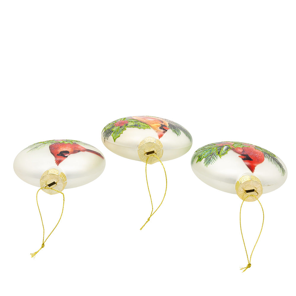 Cardinal With Holly Berry Flat Ball Glass Ornaments 100mm Set of 3