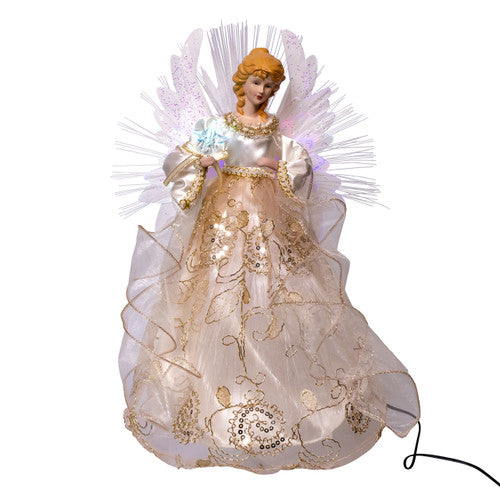 Ivory and Gold Angel Tree Topper LED RGB Fiber Optic 14 Inches