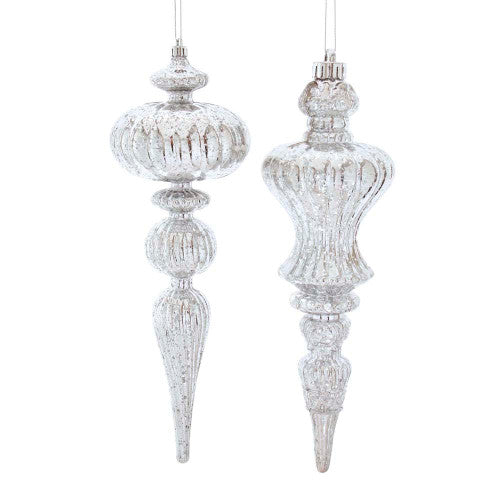 Shatterproof Silver Distressed Finish Finial Ornament 12" Set of 2