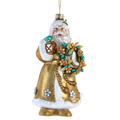 Gold and Teal Santa Glass Ornament 6.25 Inches