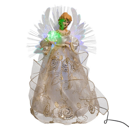 Ivory and Gold Angel Tree Topper LED RGB Fiber Optic 14 Inches