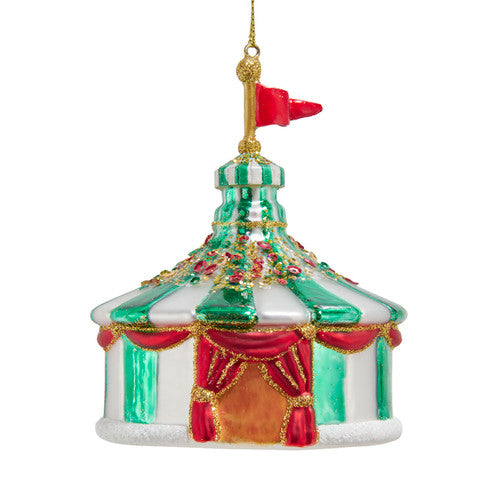 Green and White Stripe Carnival Tent Glass Ornament 4.5 Inches