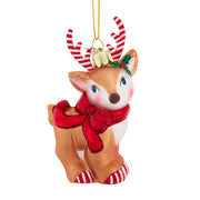 Noble Gems Deer with Shiny Bow and Candycane Antlers Glass Ornament 4.5 Inches