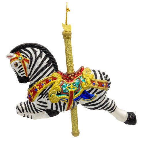 Bellissimo Zebra Carousel Glass Ornament 6.5 Inches
