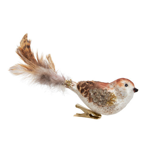 Brown Bird with Feathers and Clip Glass Ornament 6.5 Inches