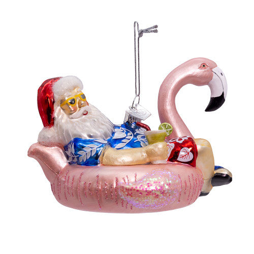 Noble Gems Santa with Flamingo Float Glass Ornament 4.5 Inches