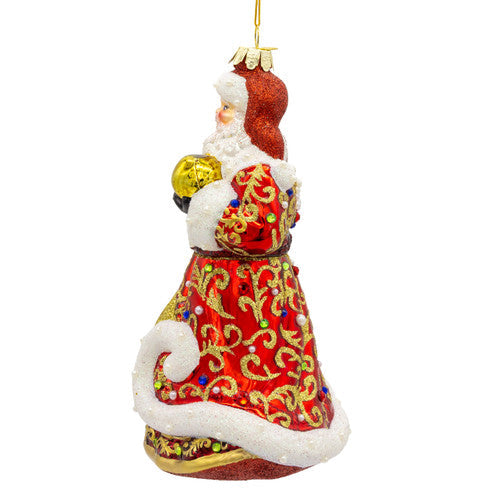 Bellissimo Red and Gold Santa Glass Ornament 7 Inches