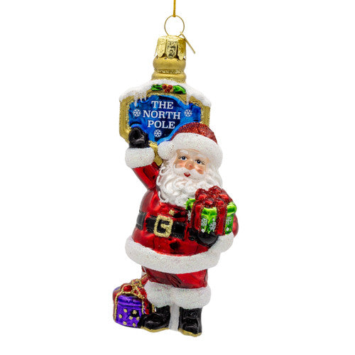 Noble Gems Santa North Pole Glass Ornament 5.25 Inches