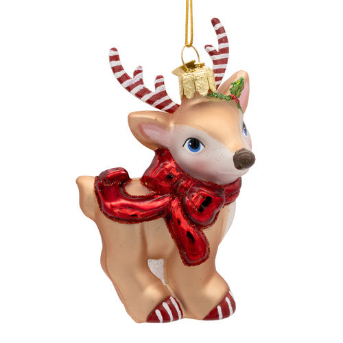 Noble Gems Deer with Shiny Bow and Candycane Antlers Glass Ornament 4.5 Inches