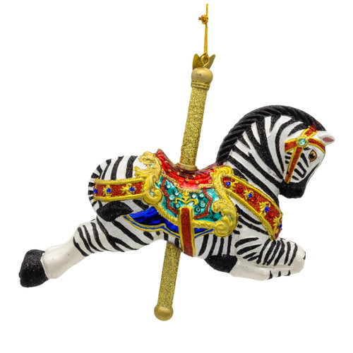 Bellissimo Zebra Carousel Glass Ornament 6.5 Inches