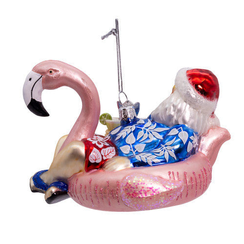 Noble Gems Santa with Flamingo Float Glass Ornament 4.5 Inches