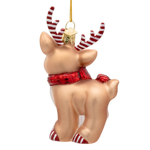 Noble Gems Deer with Shiny Bow and Candycane Antlers Glass Ornament 4.5 Inches