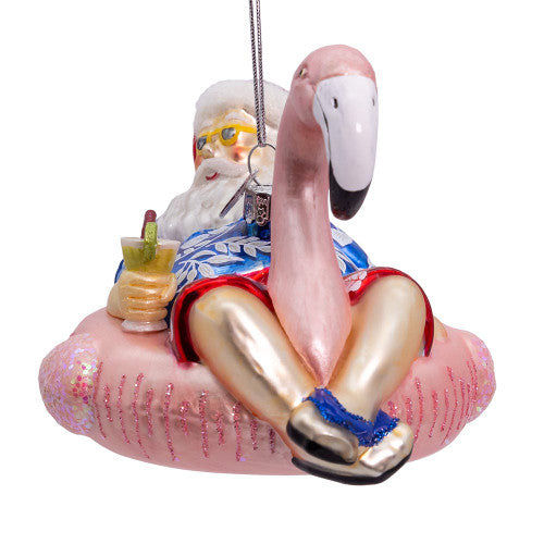 Noble Gems Santa with Flamingo Float Glass Ornament 4.5 Inches